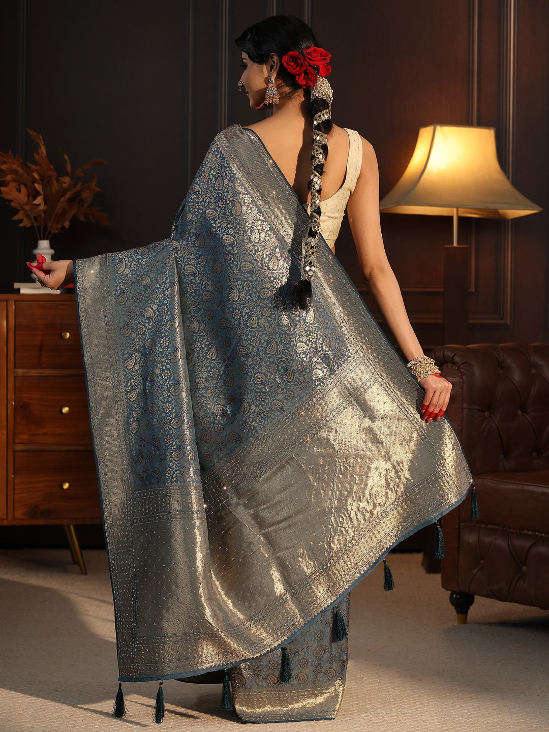  Libas Blue Woven Design Silk Blend Tassel Saree with Stone Work 