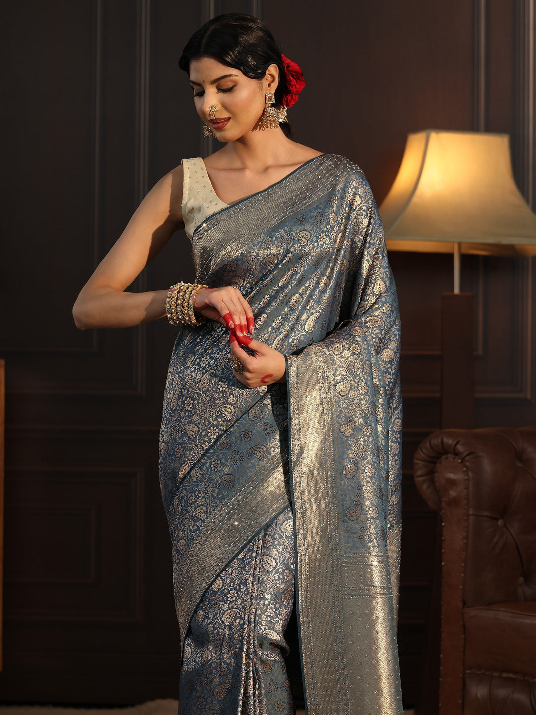  Libas Blue Woven Design Silk Blend Tassel Saree with Stone Work 