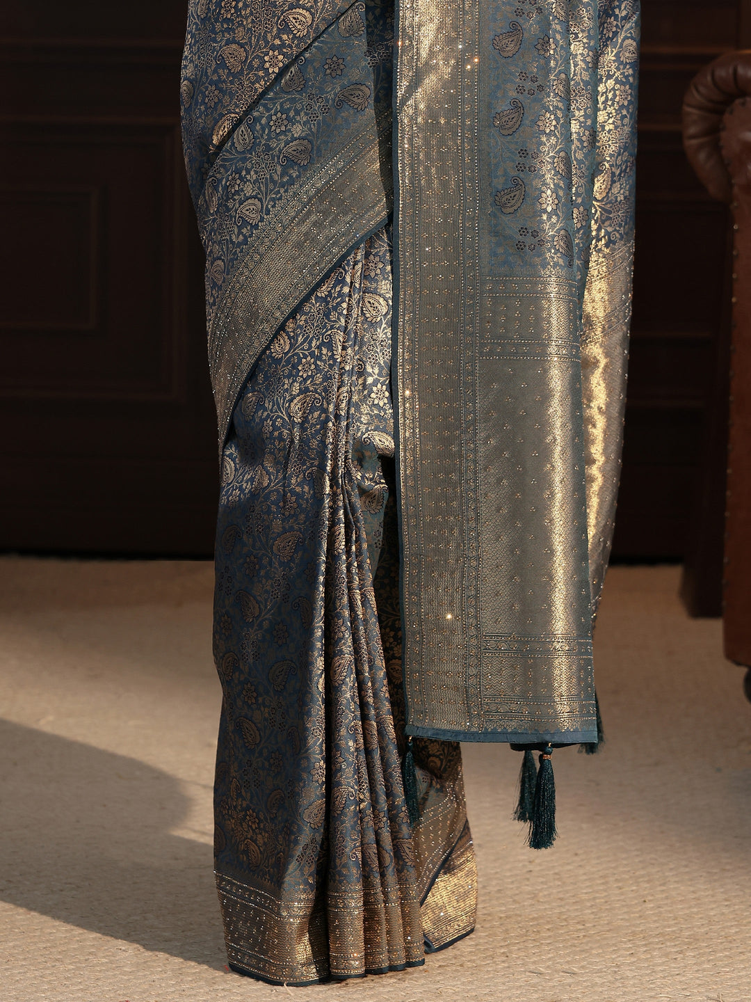  Libas Blue Woven Design Silk Blend Tassel Saree with Stone Work 