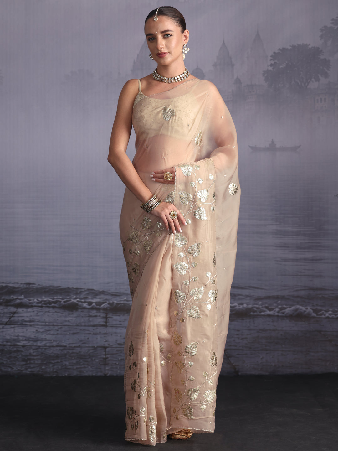  Libas Beige Leafy Sequin Embellished Tissue Saree 