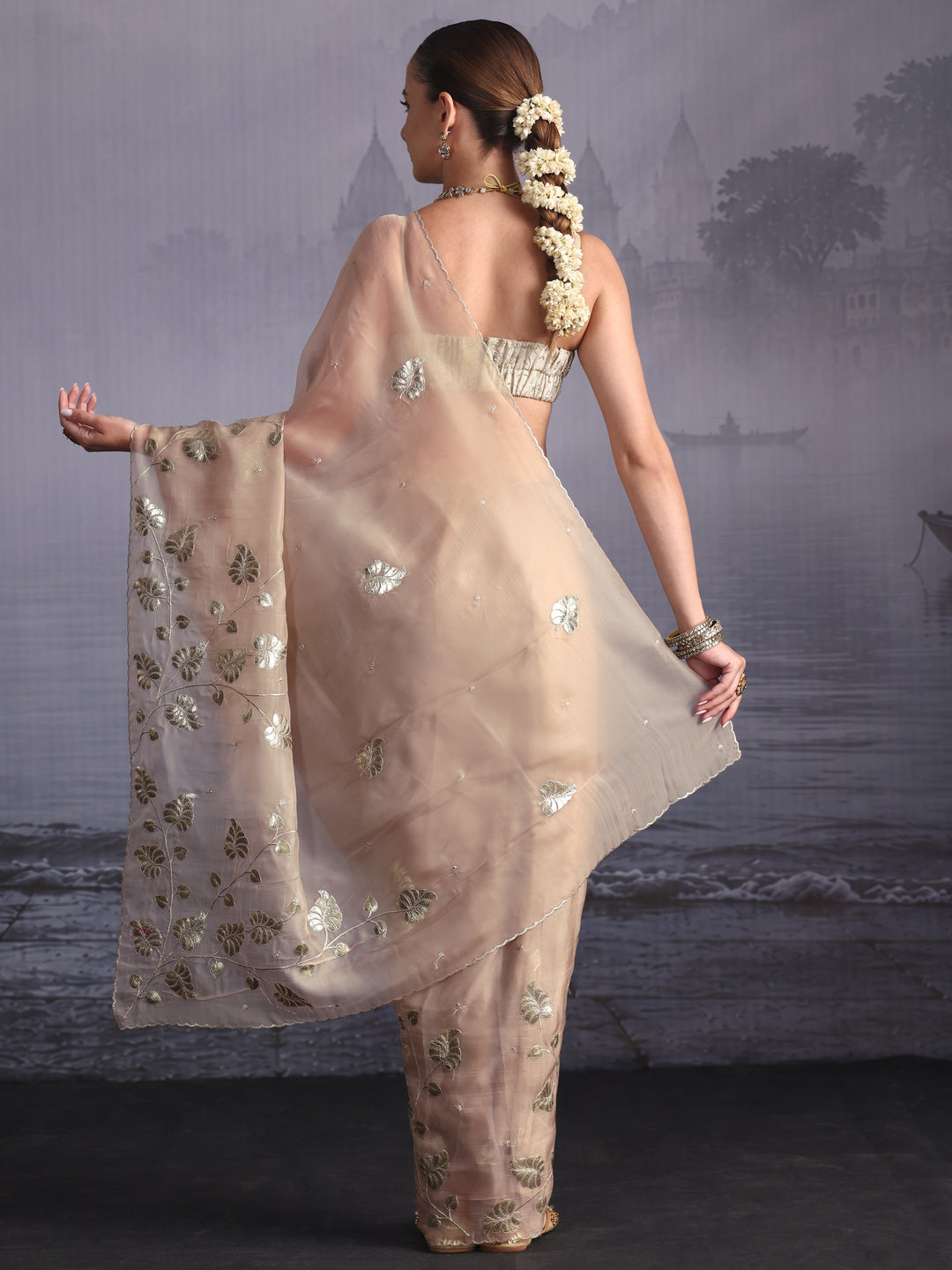  Libas Beige Leafy Sequin Embellished Tissue Saree 