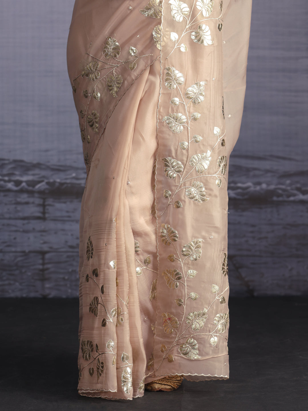 Libas Beige Leafy Sequin Embellished Tissue Saree 