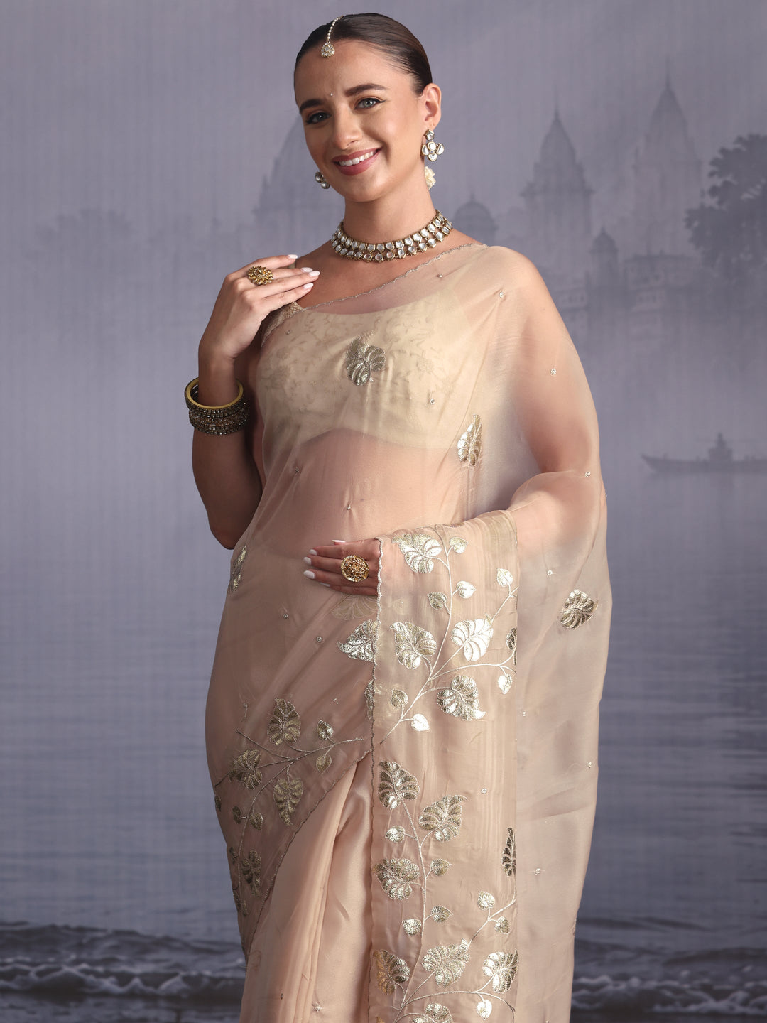  Libas Beige Leafy Sequin Embellished Tissue Saree 