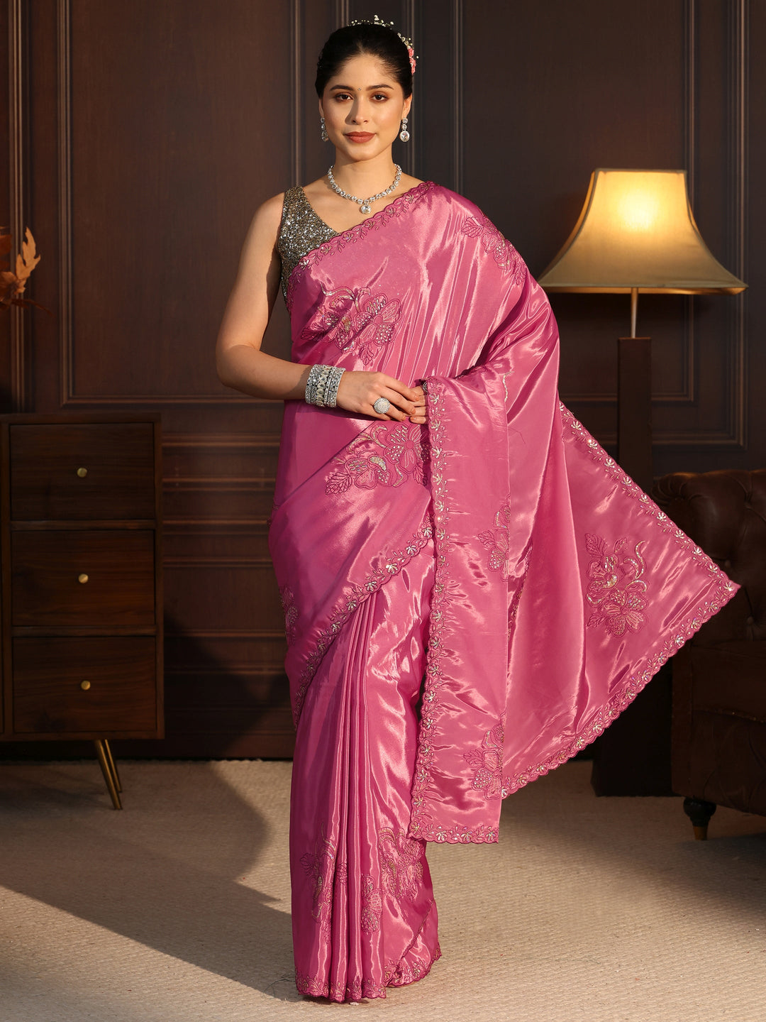  Libas Dusty Pink Floral Embellished Satin Saree 