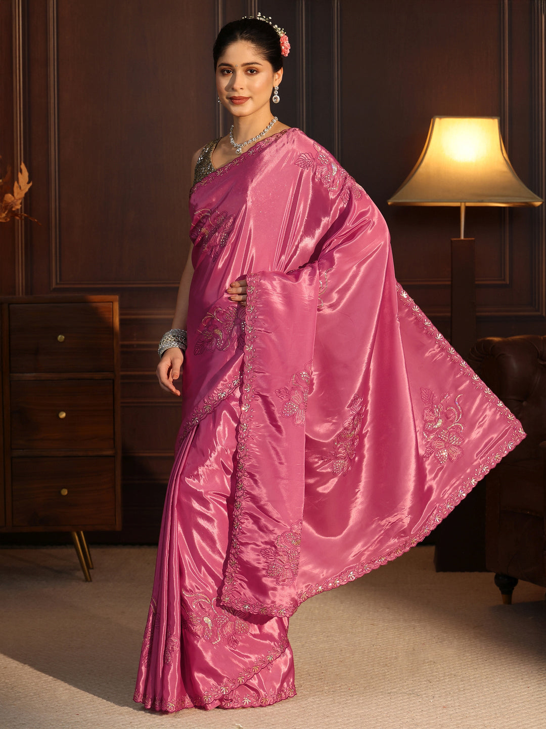  Libas Dusty Pink Floral Embellished Satin Saree 