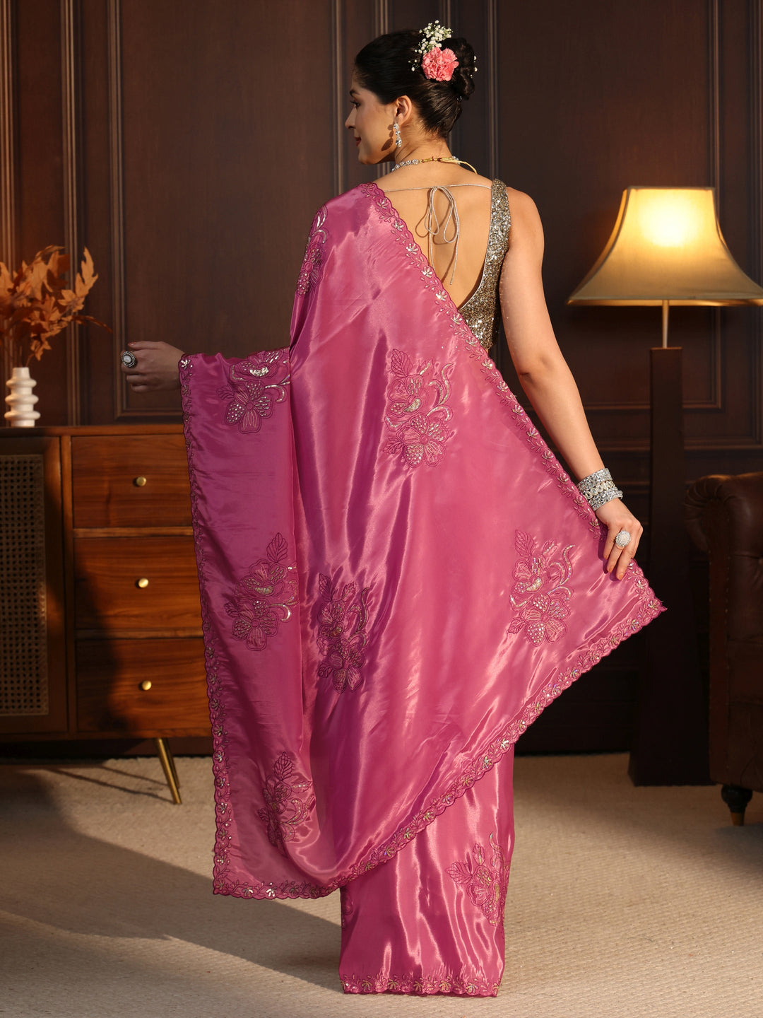  Libas Dusty Pink Floral Embellished Satin Saree 