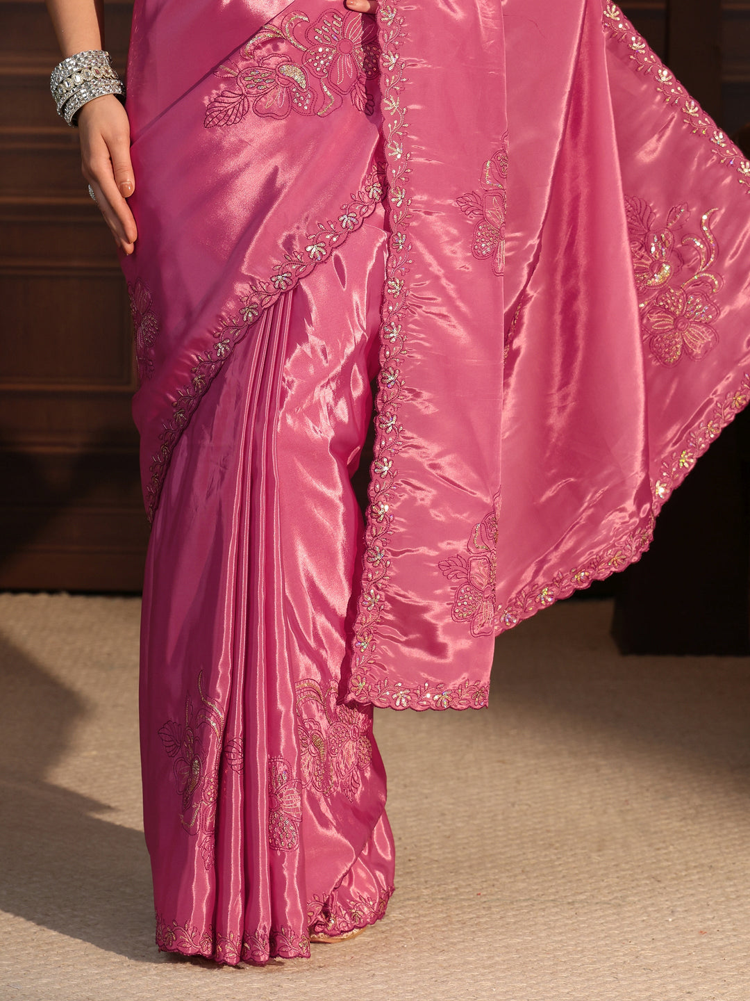  Libas Dusty Pink Floral Embellished Satin Saree 
