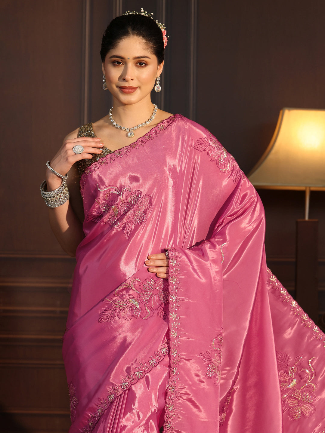  Libas Dusty Pink Floral Embellished Satin Saree 