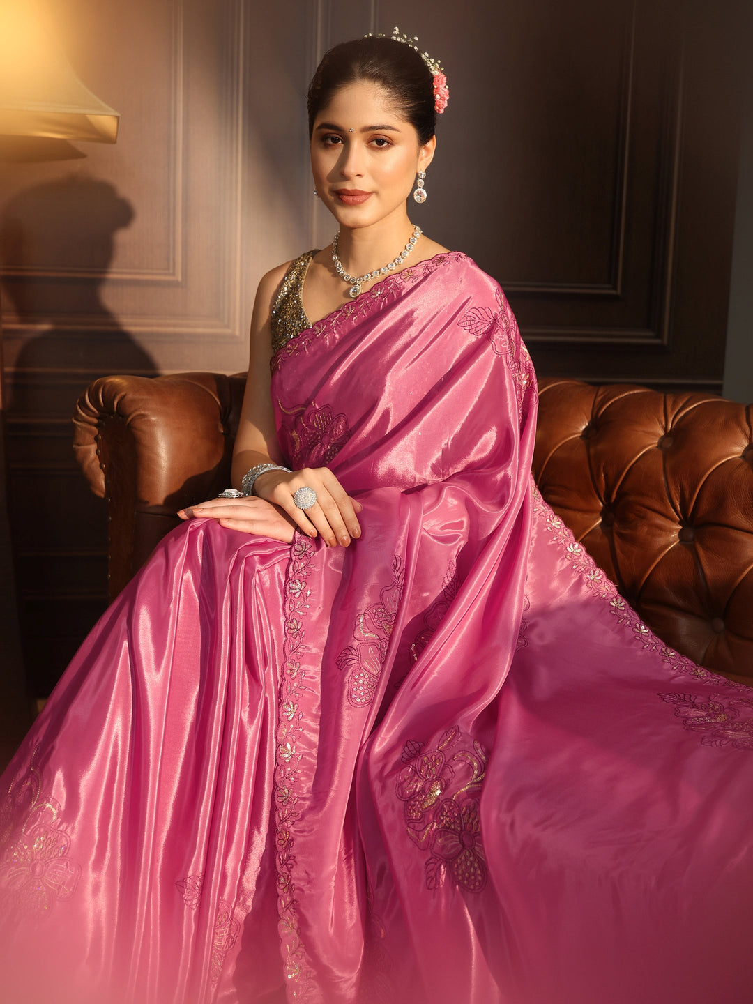  Libas Dusty Pink Floral Embellished Satin Saree 