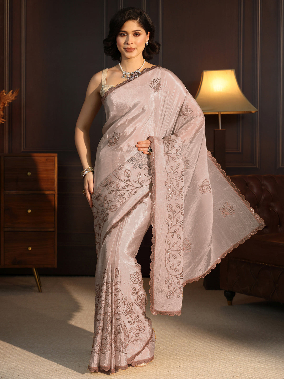  Libas Beige Floral Sequince Embroidered Saree With Blouse Piece 