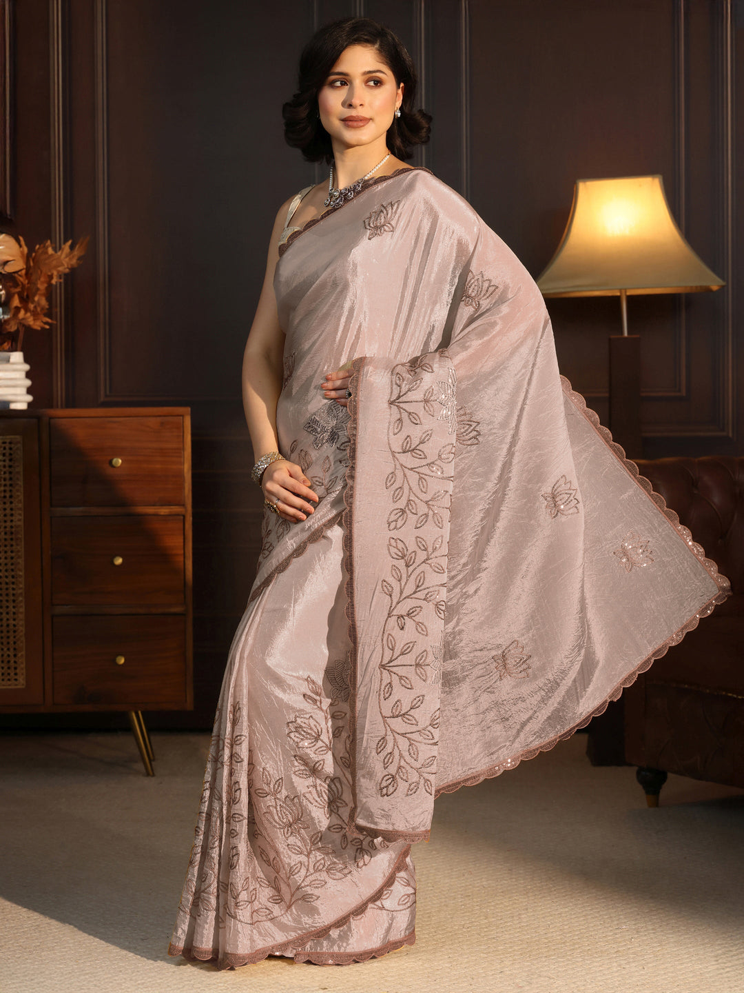  Libas Beige Floral Sequince Embroidered Saree With Blouse Piece 