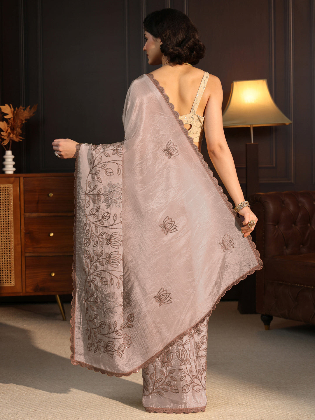  Libas Beige Floral Sequince Embroidered Saree With Blouse Piece 