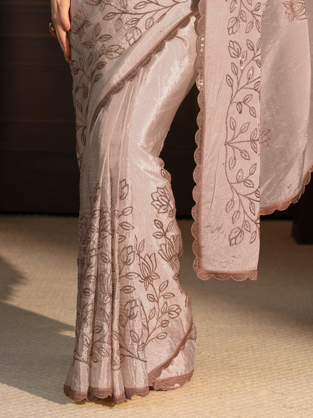  Libas Beige Floral Sequince Embroidered Saree With Blouse Piece 