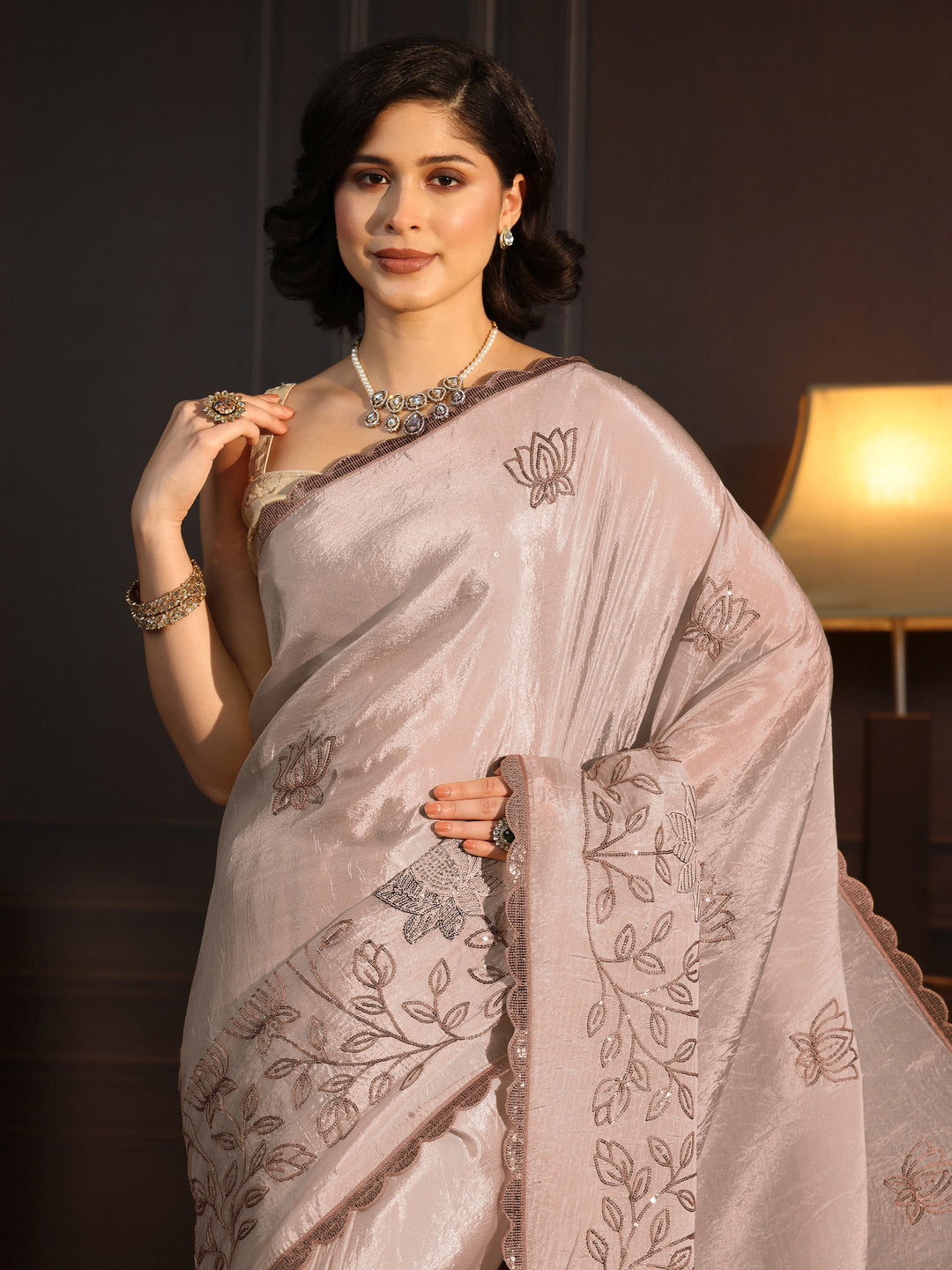  Libas Beige Floral Sequince Embroidered Saree With Blouse Piece 