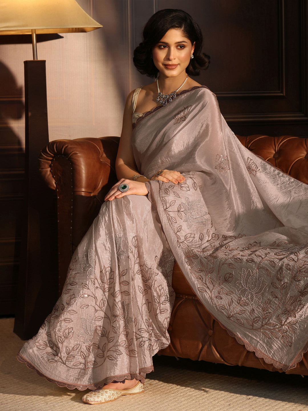  Libas Beige Floral Sequince Embroidered Saree With Blouse Piece 