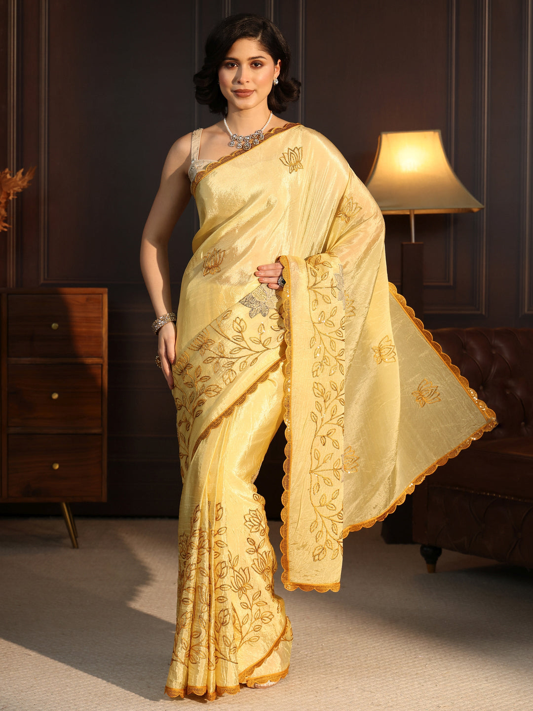  Libas Mustard Floral Embroidered Tissue Saree 