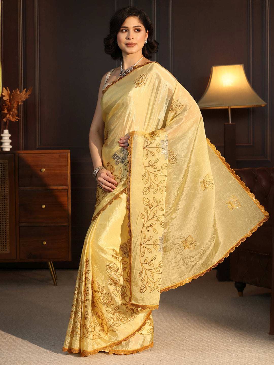  Libas Mustard Floral Embroidered Tissue Saree 