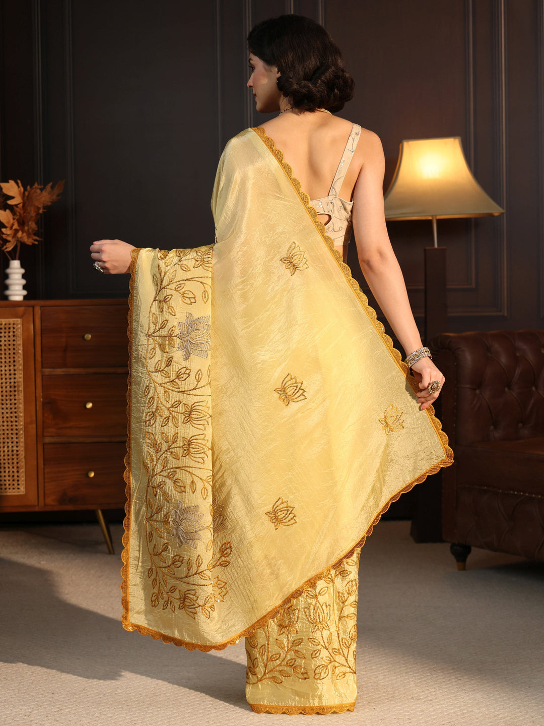  Libas Mustard Floral Embroidered Tissue Saree 