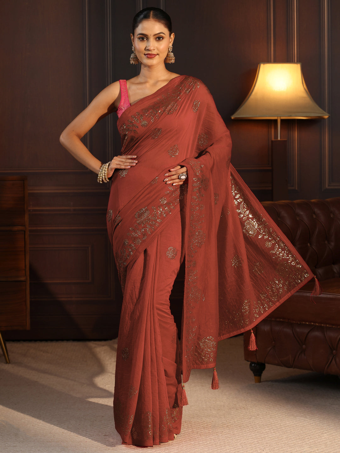  Libas Rust Brown Floral Stone Work Embellished Cotton Blend Saree 