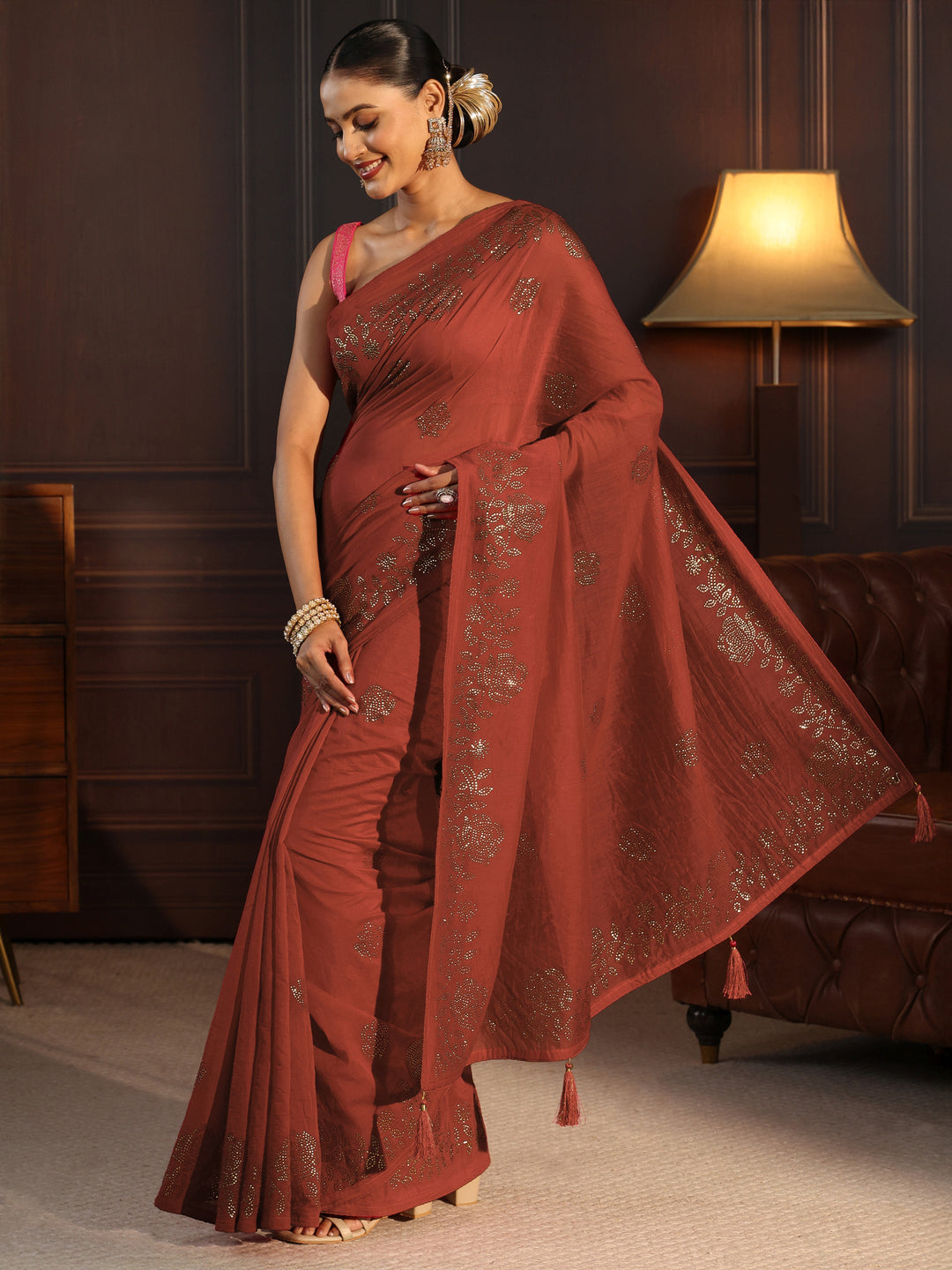  Libas Rust Brown Floral Stone Work Embellished Cotton Blend Saree 