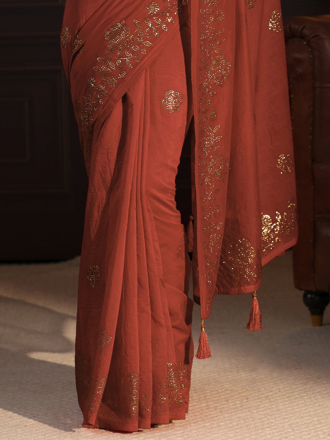  Libas Rust Brown Floral Stone Work Embellished Cotton Blend Saree 
