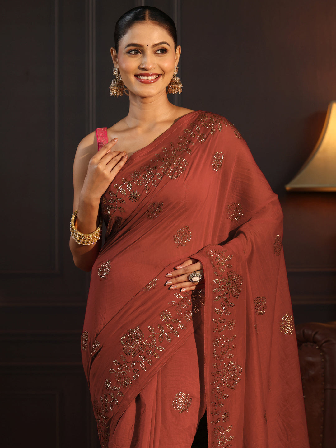  Libas Rust Brown Floral Stone Work Embellished Cotton Blend Saree 