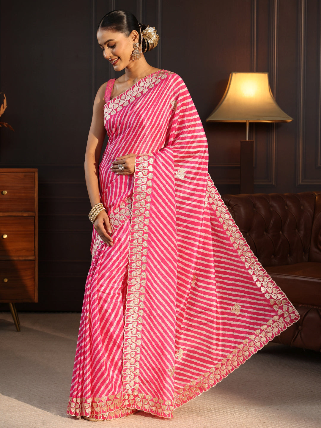  Libas Pink Striped Satin Saree With Embellished Border 