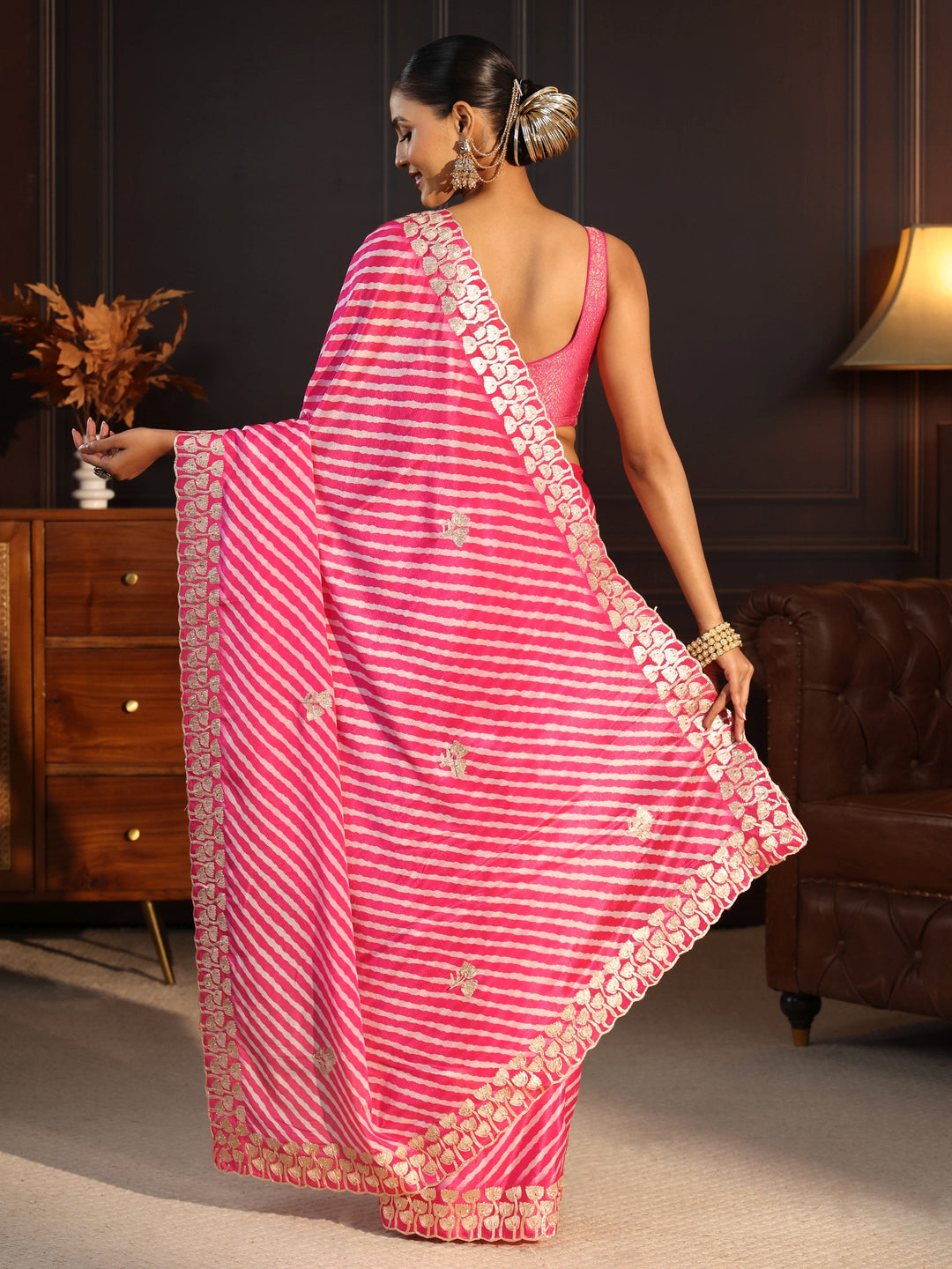  Libas Pink Striped Satin Saree With Embellished Border 