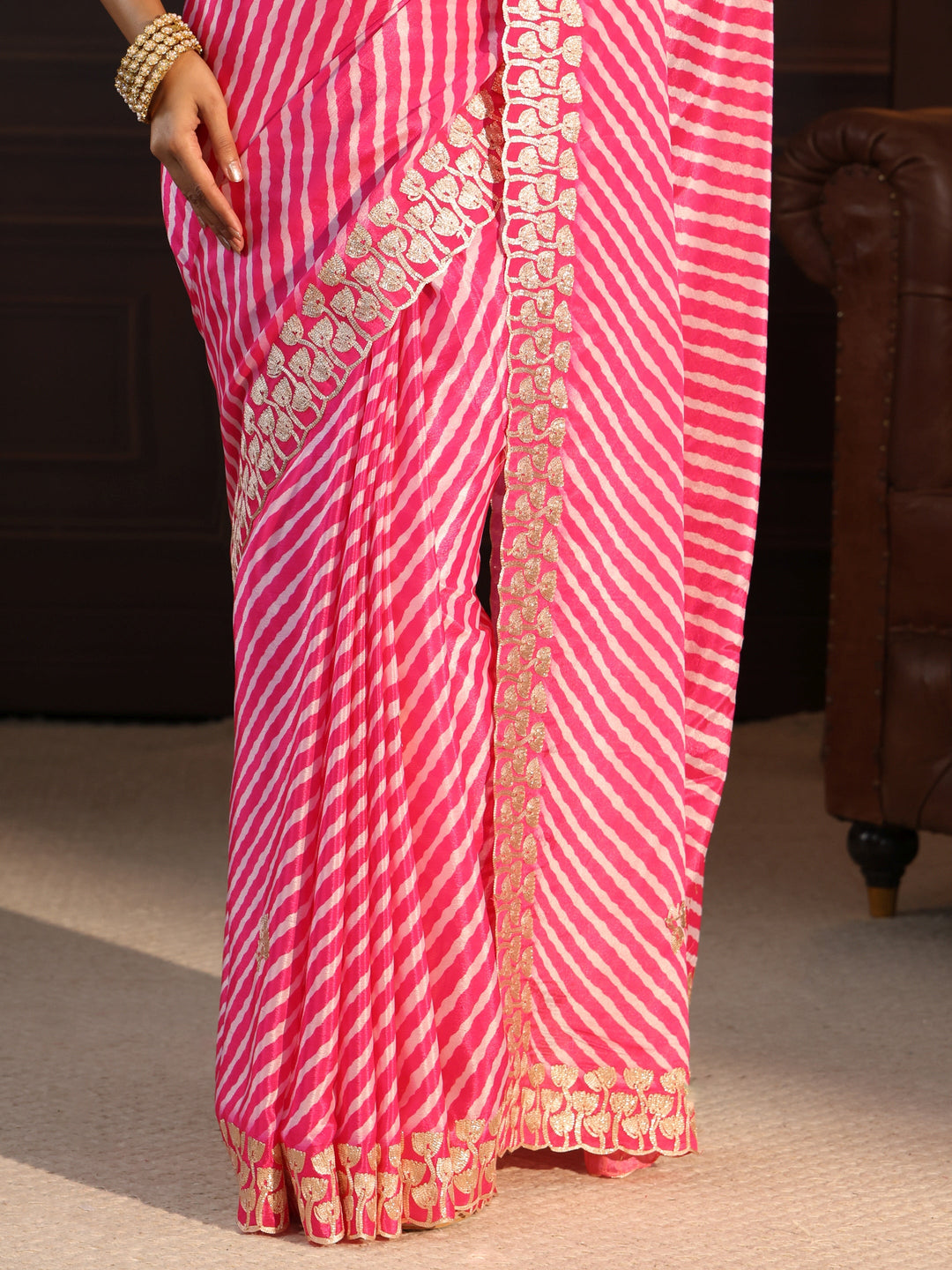  Libas Pink Striped Satin Saree With Embellished Border 