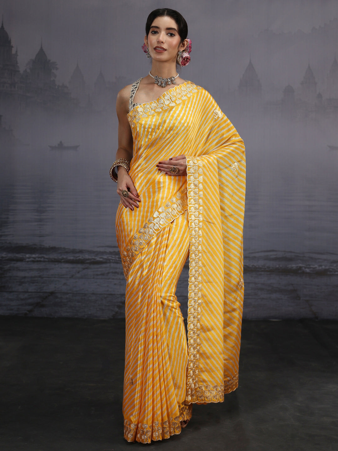  Libas Mustard Striped Printed Satin Saree 