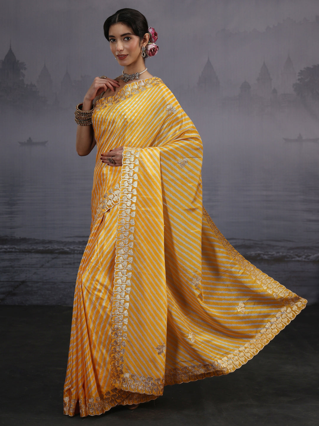  Libas Mustard Striped Printed Satin Saree 