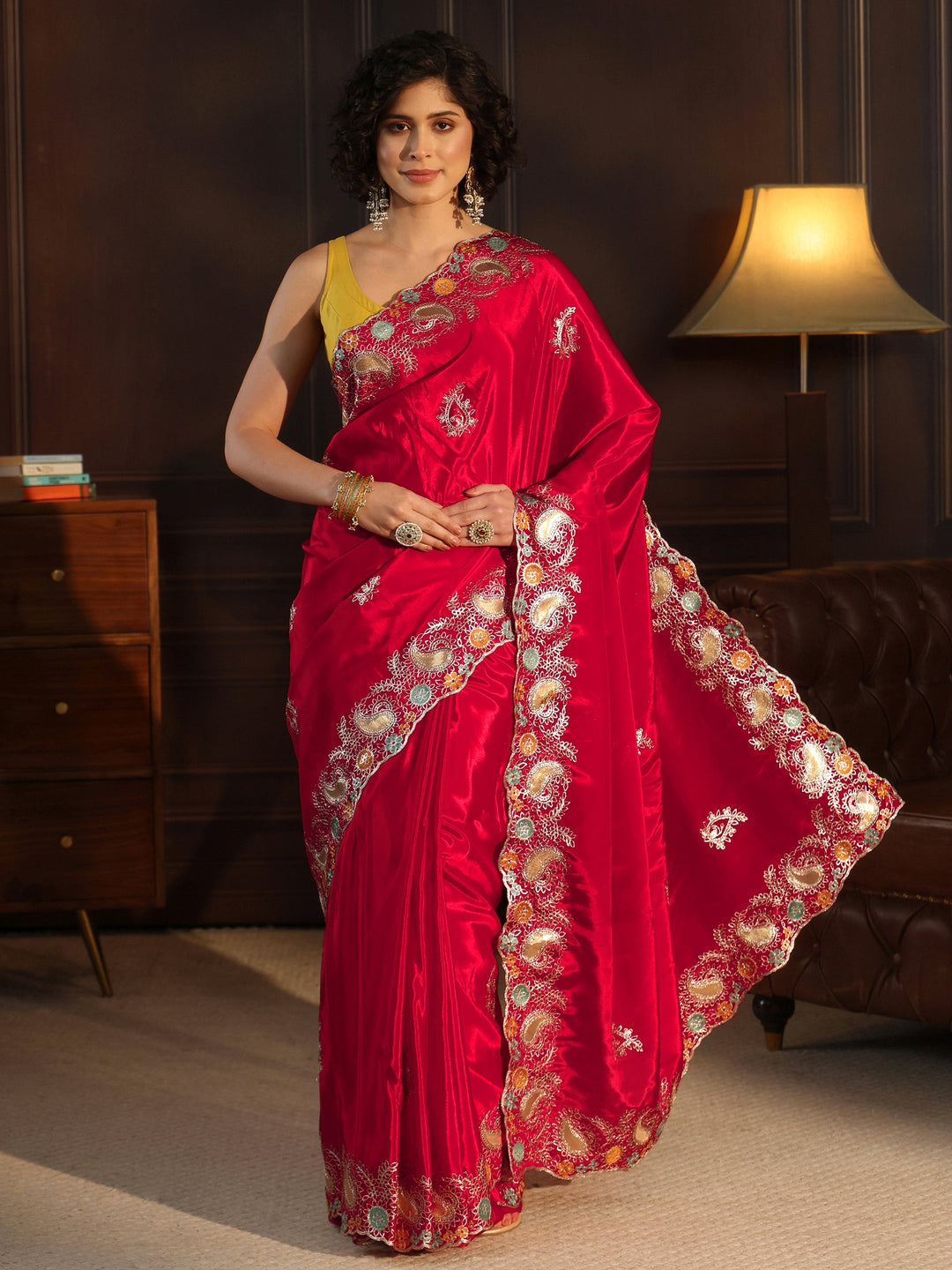  Libas Raspberry Pink Embroidered Satin Saree with Paisley Border 
