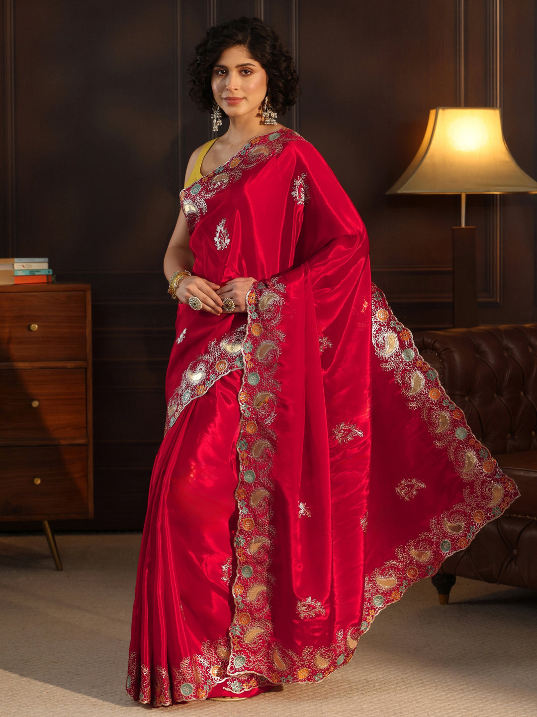  Libas Raspberry Pink Embroidered Satin Saree with Paisley Border 