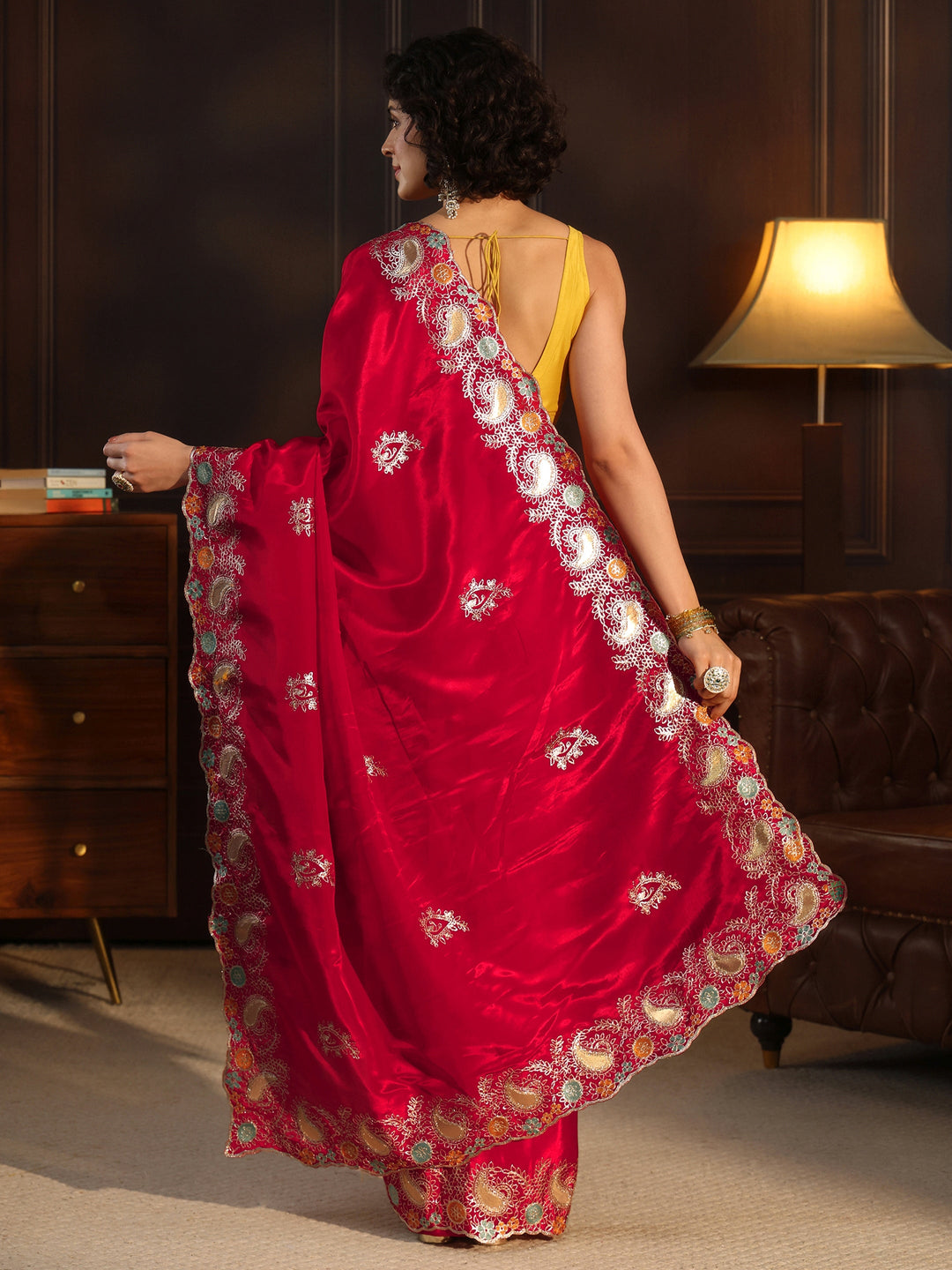  Libas Raspberry Pink Embroidered Satin Saree with Paisley Border 