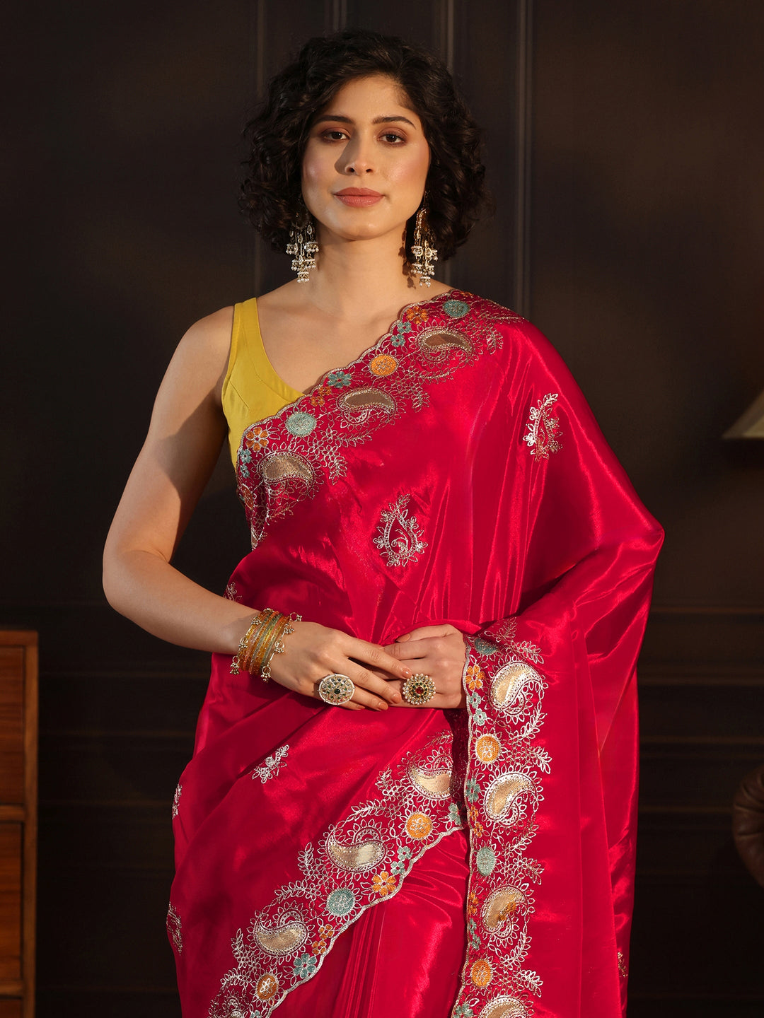  Libas Raspberry Pink Embroidered Satin Saree with Paisley Border 