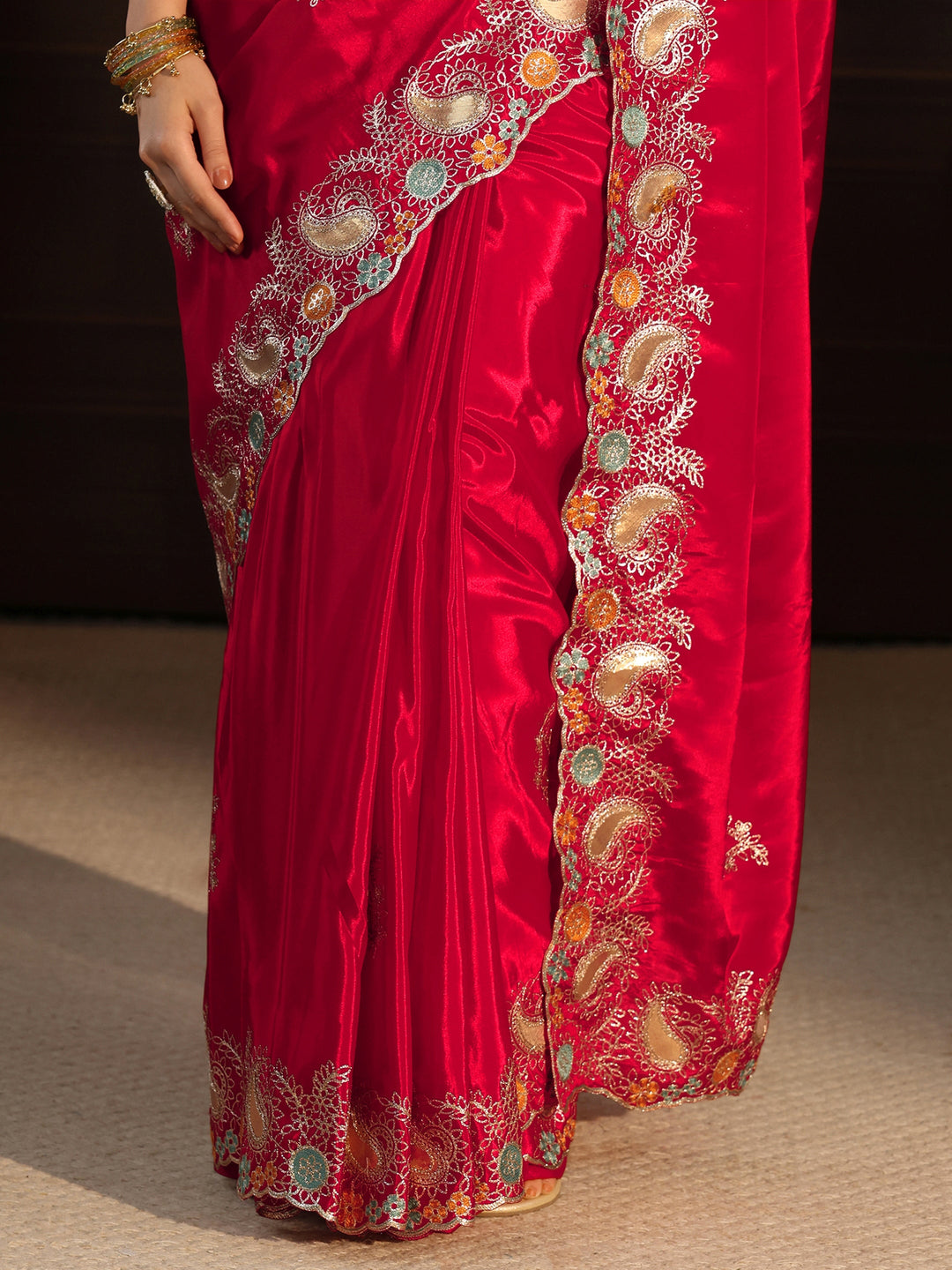  Libas Raspberry Pink Embroidered Satin Saree with Paisley Border 