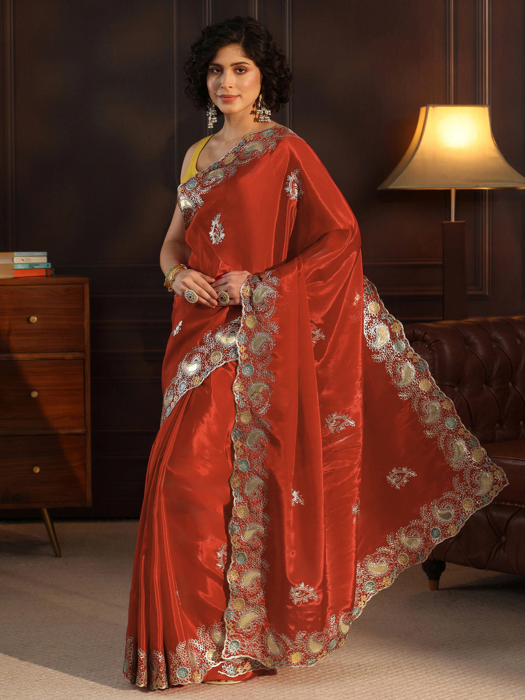  Libas Rust Orange Ethnic Embroidered Satin Saree with Scalloped Border 