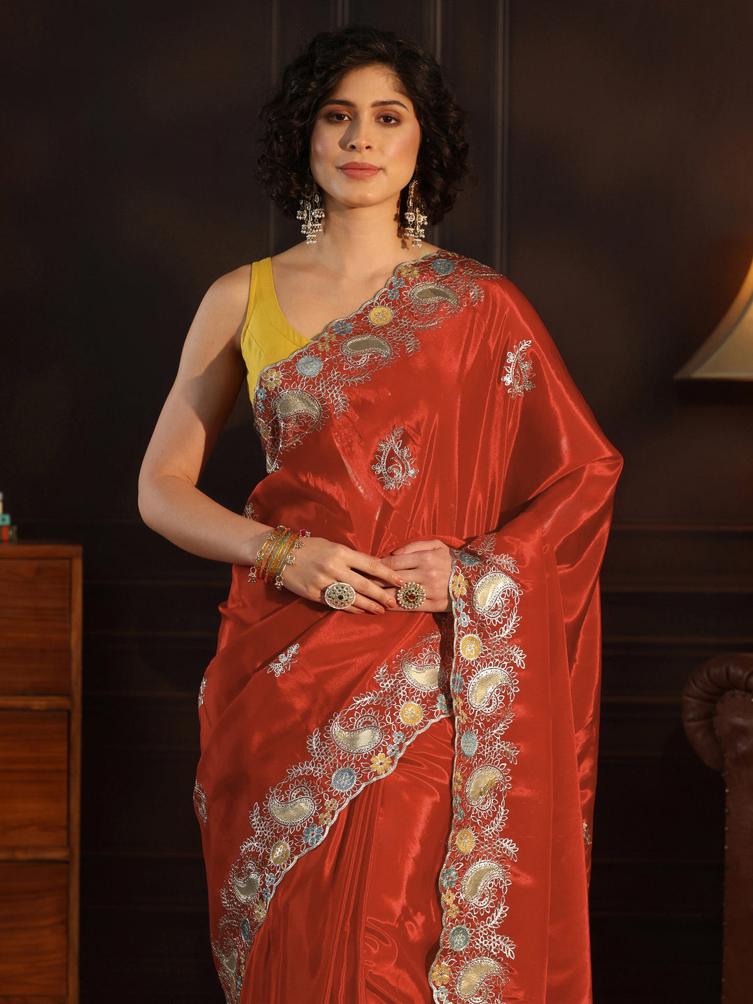  Libas Rust Orange Ethnic Embroidered Satin Saree with Scalloped Border 