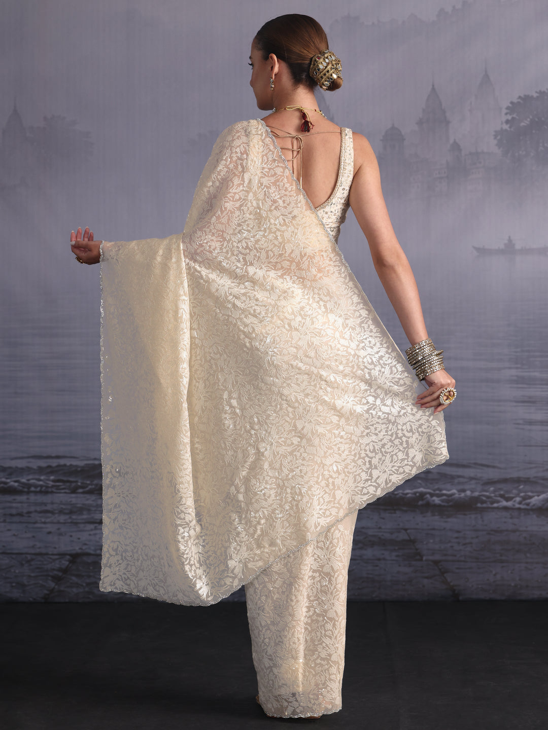  Libas Cream Sequin Embellished Chiffon Saree 