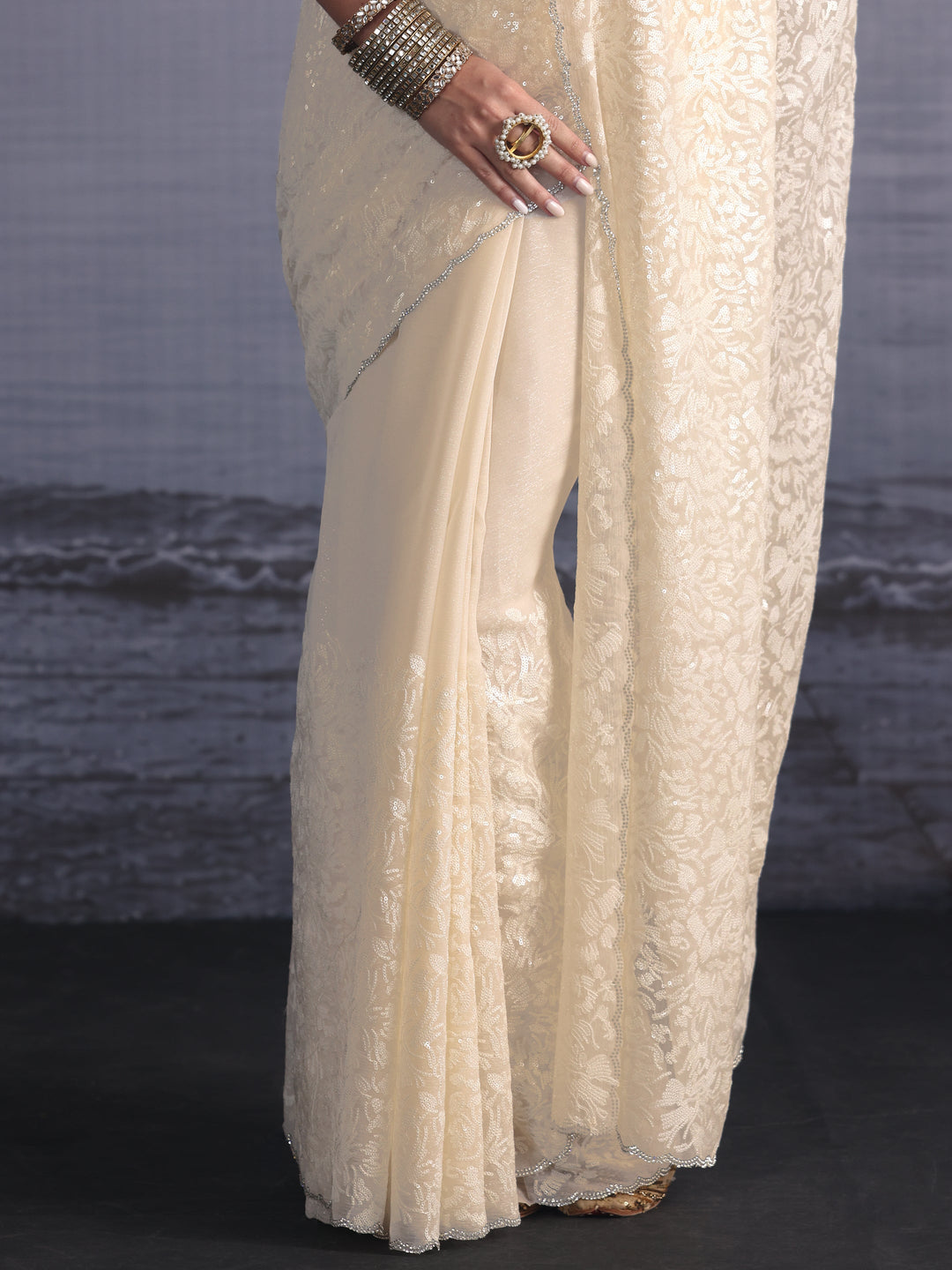  Libas Cream Sequin Embellished Chiffon Saree 
