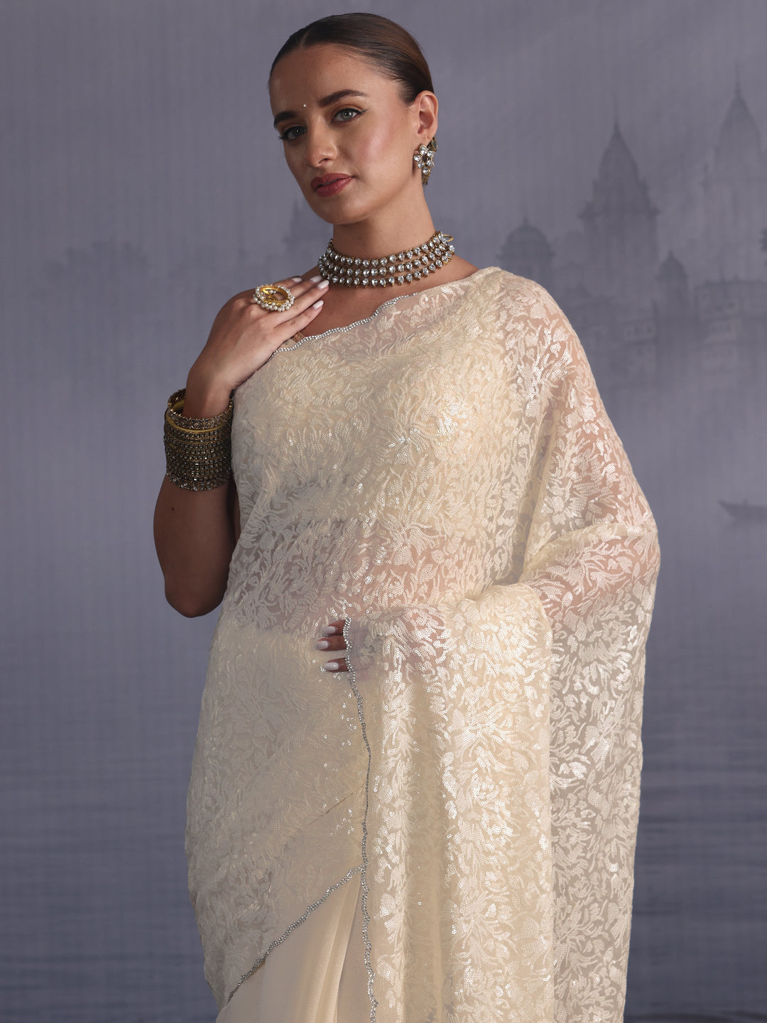  Libas Cream Sequin Embellished Chiffon Saree 