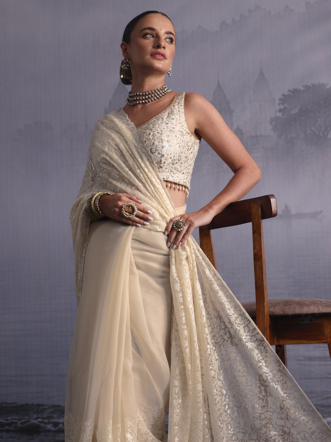  Libas Cream Sequin Embellished Chiffon Saree 