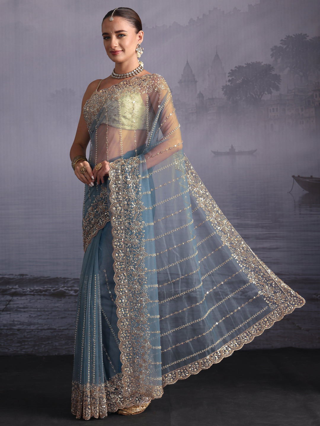  Libas Art Blue Embellished Net Saree with Scalloped Border 