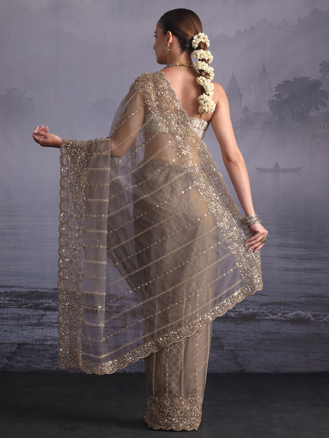  Libas Art Grey Embellished Net Saree with Scalloped Border 