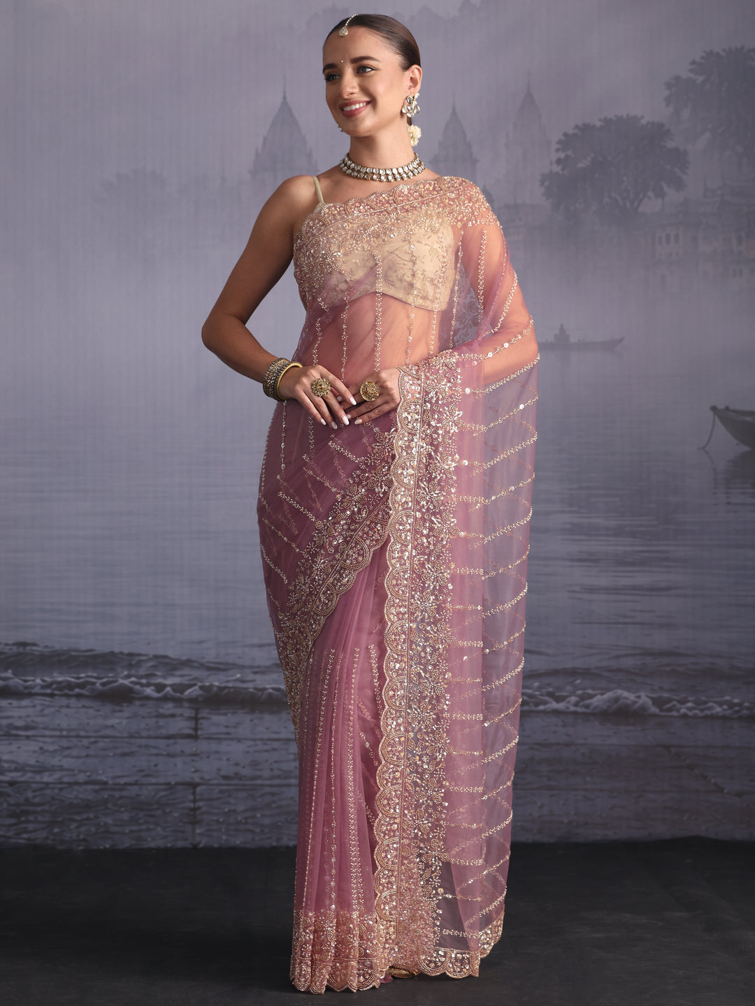  Libas Art Lavender Embellished Net Saree with Scalloped Border 