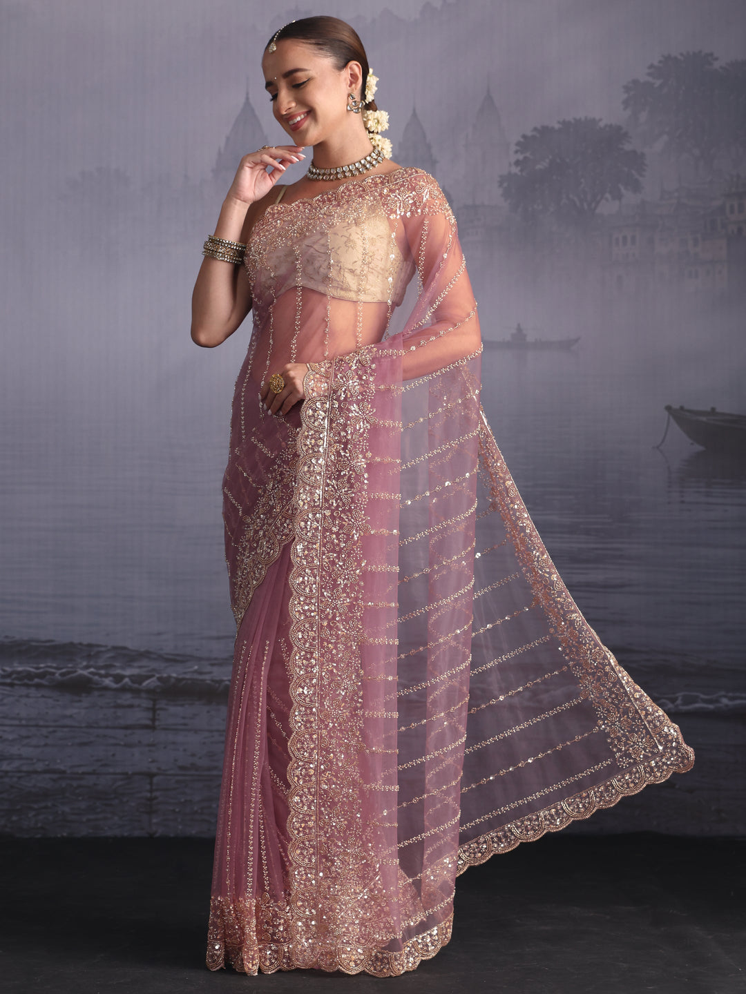  Libas Art Lavender Embellished Net Saree with Scalloped Border 