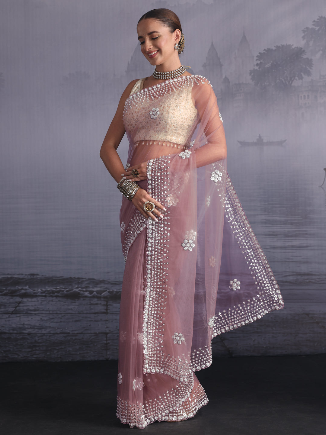  Libas Art Lavender Floral Sequin Embellished Net Saree 