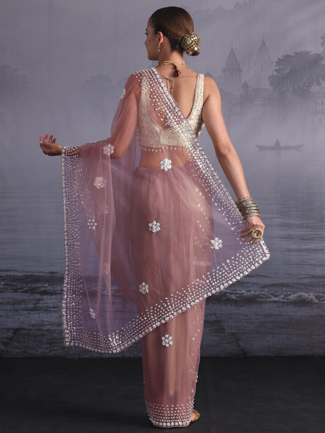  Libas Art Lavender Floral Sequin Embellished Net Saree 