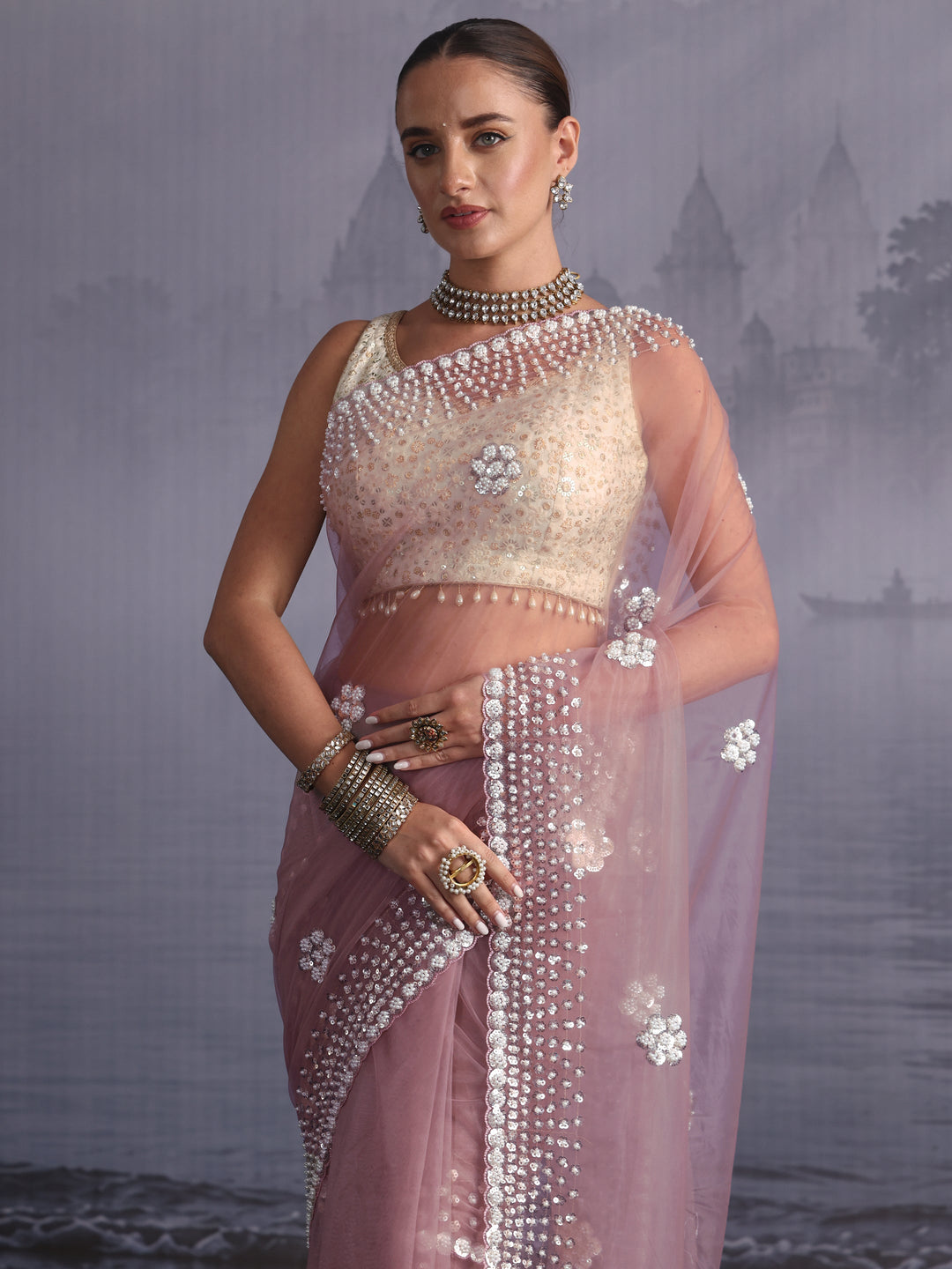  Libas Art Lavender Floral Sequin Embellished Net Saree 