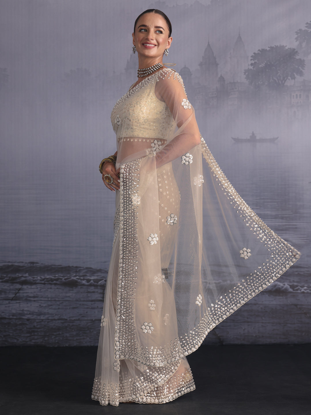  Libas Art Cream Floral Sequin Embellished Net Saree 
